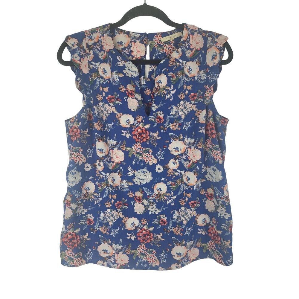 41 Hawthorne Scalloped Cap Sleeve‎ Blouse M Womens Blue Floral V Neck Key Hole